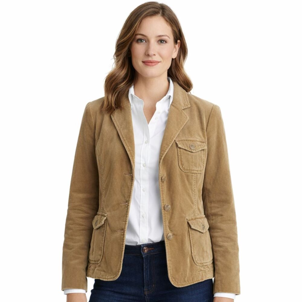 Lands End Corduroy Blazer Womens Sz 10 Camel Cargo Button Pockets Ivy League